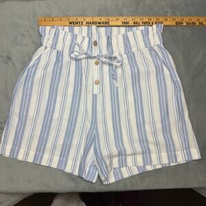 Molly Bracken Le Bain Womens L Blue Stripe Paperbag Shorts Wooden Buttons